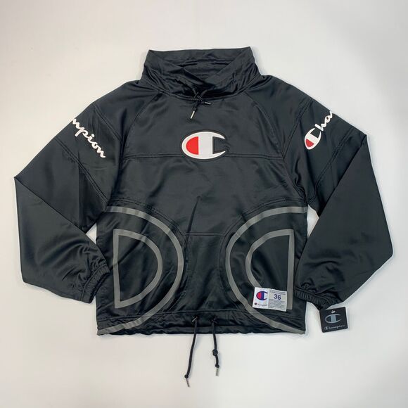 Champion Sweatshirt Mens Small Black Mesh Lining Drawstring High Neck Big C Logo - Picture 2 of 11